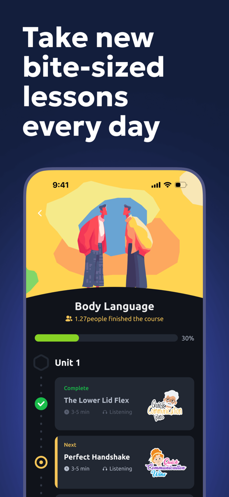 Interface of the Vocal Image app showing a Body Language course with short daily lessons