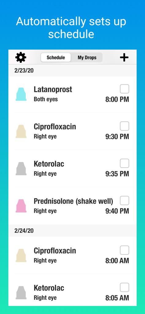 A daily schedule in the EyeDropAlarm app showing medication names times and color coded bottle cap icons