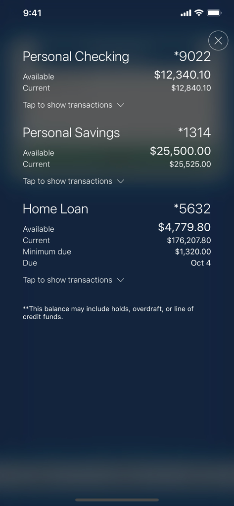 1st MidAmerica CU - 1st MidAmerica CU mobile app screen showing personal checking savings and home loan account balances
