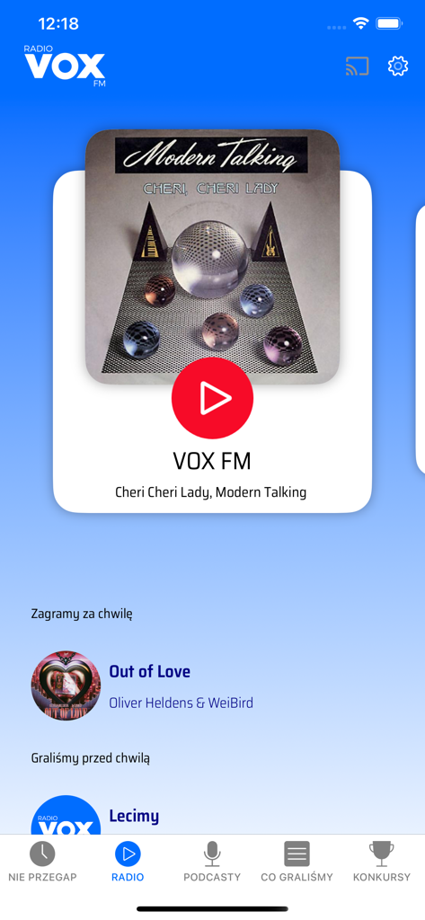Interfaz del reproductor de la aplicación de radio VOX FM mostrando la canción de Modern Talking con el menú de navegación polaco