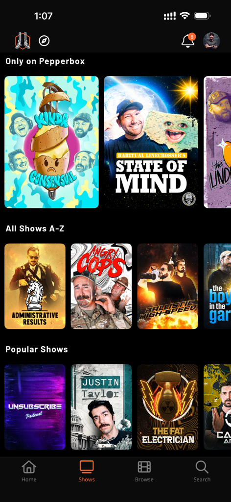 Pepperbox TV - Interface of the Pepperbox TV app showing a library of exclusive and popular shows from various creators.