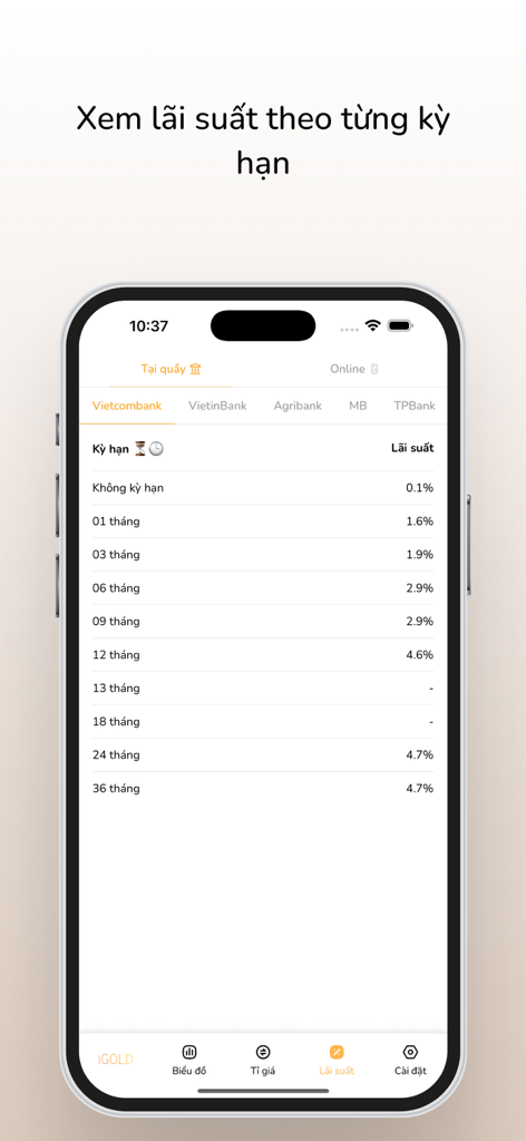 iGold: Giá vàng, tin tức - Screenshot of the iGold app displaying Vietnamese bank interest rates for Vietcombank by term
