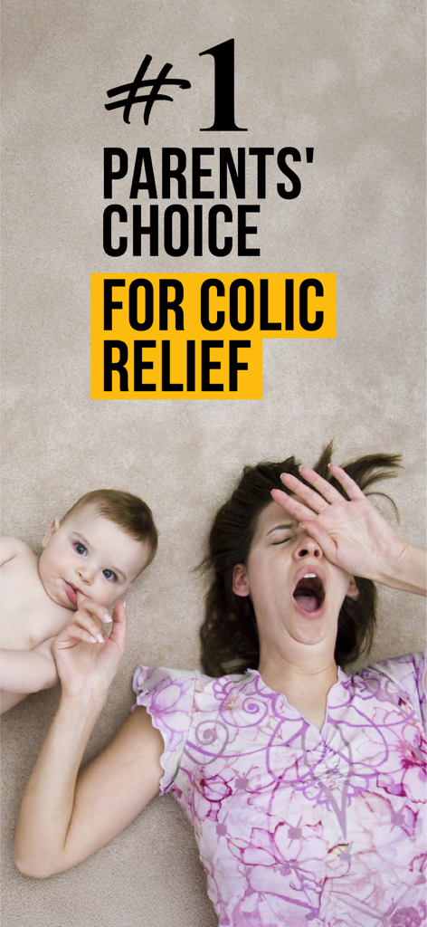 Sound Sleeper Baby White Noise - An exhausted mother yawning next to her awake baby with text reading #1 Parents Choice for Colic Relief