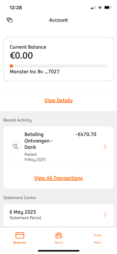 ING Commercial Card - ING Commercial Card account balance and transactions screen