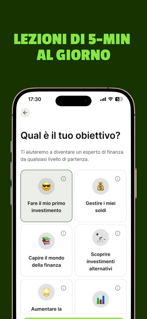 Finanz: Learn to Invest - Finanz app interface showing financial goal selection for micro learning lessons