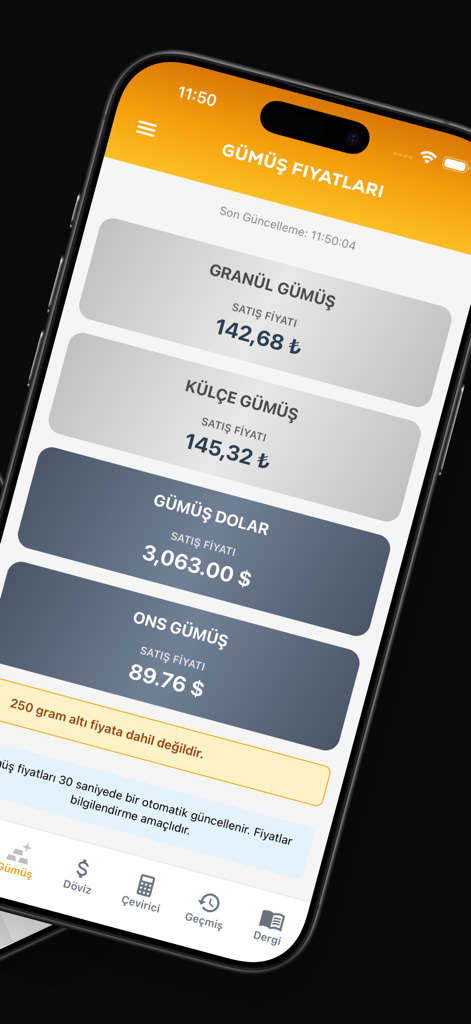 Mobile screen of the IZKO app displaying live market rates for silver bullion and granules