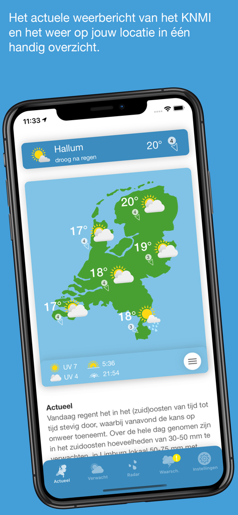 Screenshot of Weerbericht Nederland app showing a weather map of the Netherlands with current temperatures and sun icons.