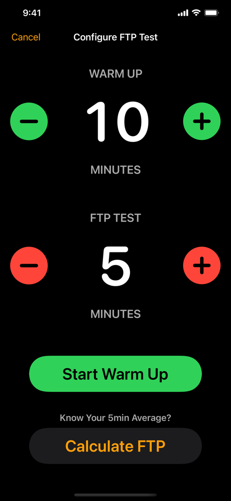 FTP Zones - Interfaz para configurar la duración del calentamiento y la prueba FTP en la aplicación Zonas FTP.
