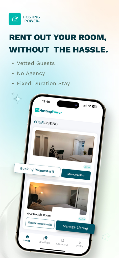 Hosting Power App-Oberfläche, die ein Gastgeber-Dashboard zur Verwaltung von Zimmerangeboten und Buchungsanfragen anzeigt