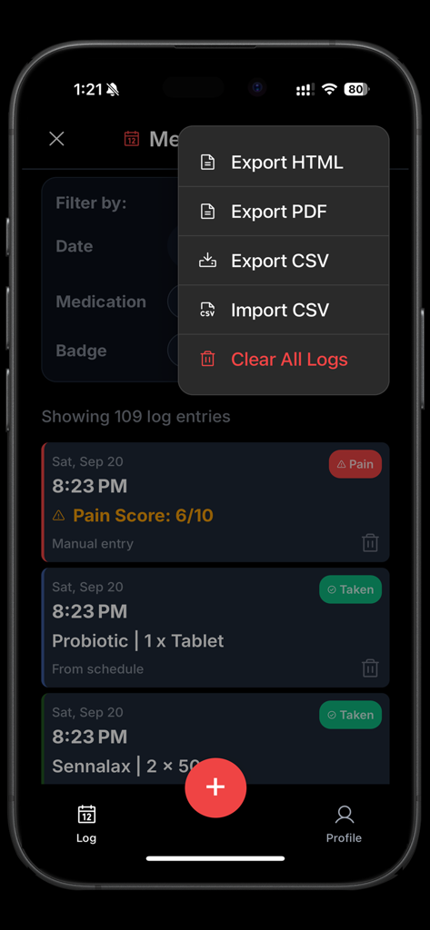 MyMed Alarms - Tela de registro de medicamentos com opções de exportação para relatórios médicos em PDF e CSV