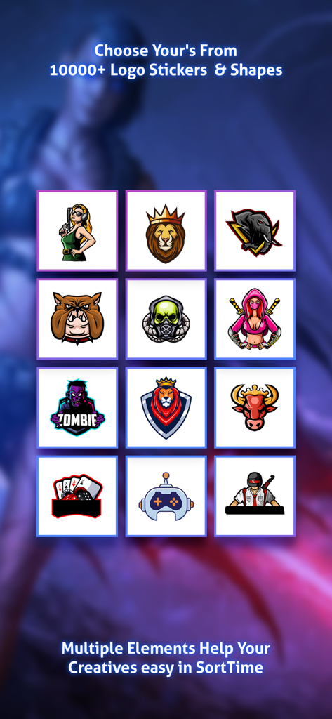 Logo Maker Esport Gaming Logo - Ein Raster mit verschiedenen Esport-Gaming-Logo-Aufklebern und Maskottchen-Symbolen, darunter Löwen, Totenköpfe und Krieger.