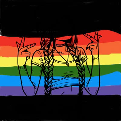 realistic teenage girl with braids and a beanie and crop top doing 🫶🏼