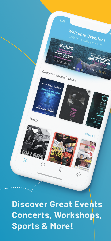 Ticketmelon - Interfaz de la aplicación móvil Ticketmelon mostrando conciertos de música recomendados y categorías de descubrimiento de eventos