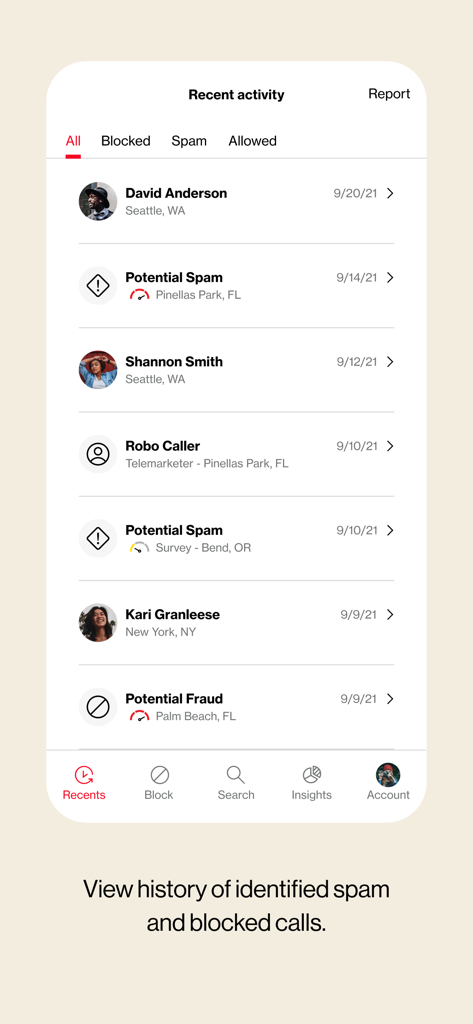 Screenshot of the Verizon Call Filter app showing the recent activity log with identified spam, blocked, and legitimate calls.