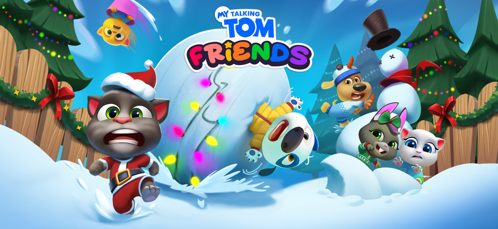 トーキング・トムと友達のキャラクターたちが、巨大な雪玉とクリスマスの飾り付けをしながら雪の中で遊んでいる