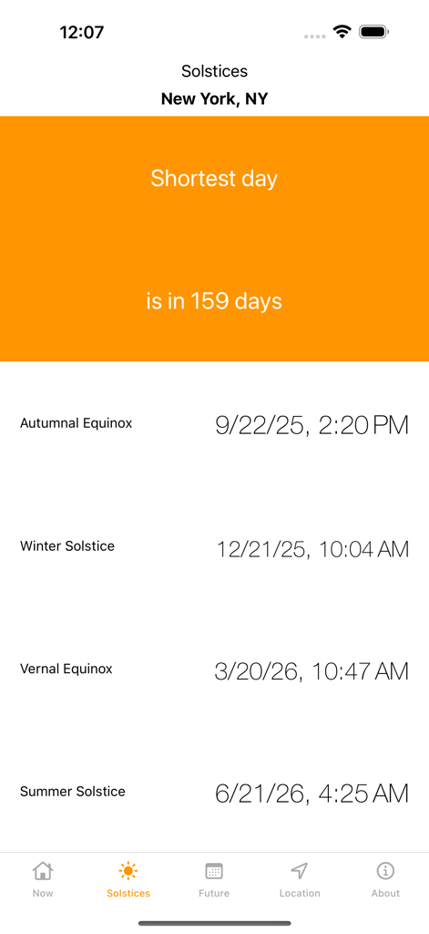 A screenshot of the Sunrise Sunset Times app showing dates and times for upcoming solstices and equinoxes