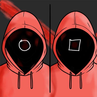 a person with a hoodie and no face, the drawing is split in 2