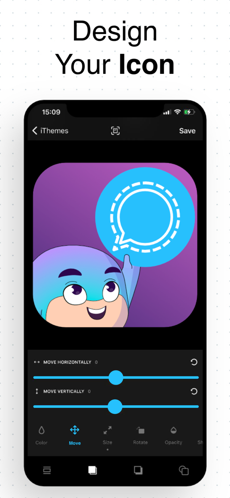 Pantalla de smartphone que muestra el editor de iconos personalizados de iThemes con un personaje y herramientas de diseño.