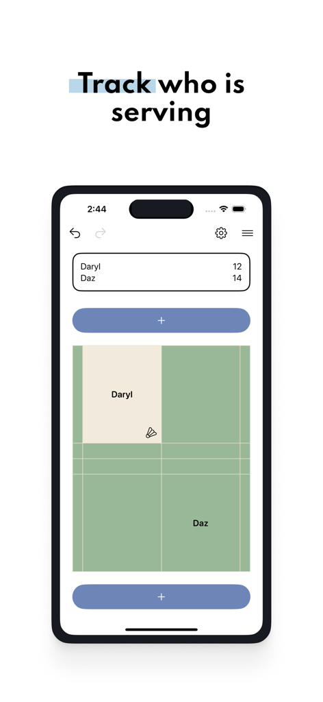 Badminton Score - Track Points - Badminton Score app interface showing scores and server tracking on a digital court layout