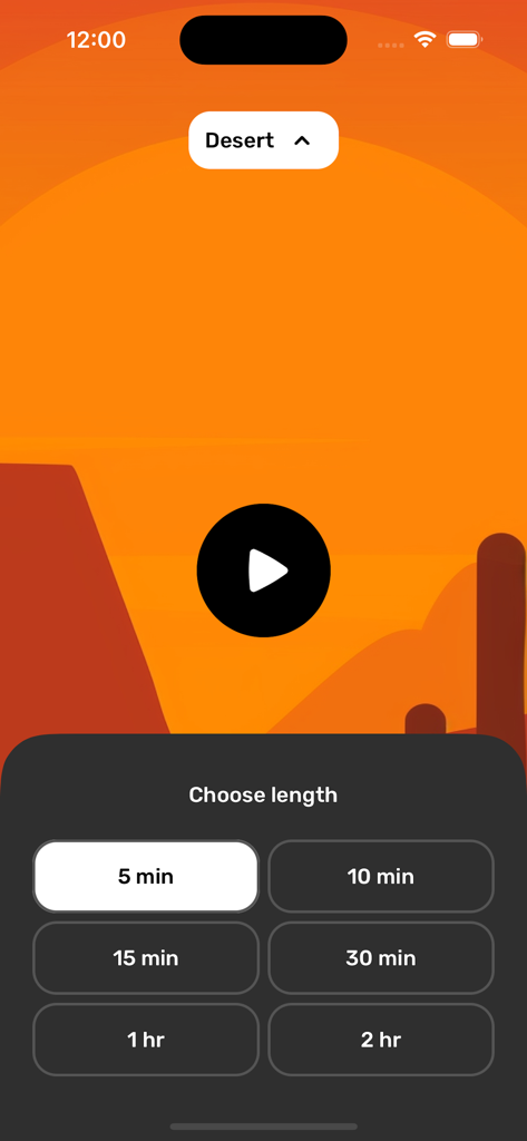 Sleep timer selection screen in the White Noise app showing various duration options for desert sounds