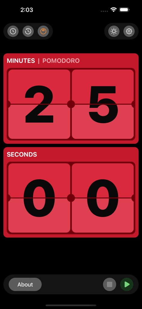 FlipClock: Always On Display - A red flip style Pomodoro timer showing twenty five minutes for a productivity focus session