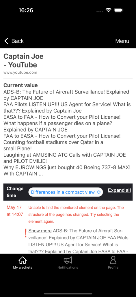 Capture d'écran de l'interface de l'application Wachete surveillant une chaîne YouTube pour les mises à jour de contenu avec une alerte de notification concernant un changement de page.