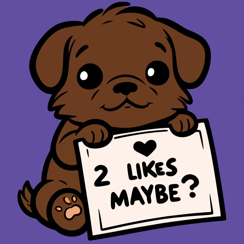 a puppy holding a sign that says 2 likes maybe?