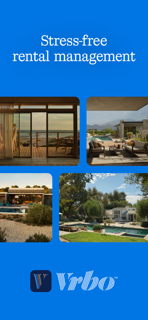 Vrbo Owner - Vrbo Owner app screen showcasing stress free rental management with images of luxury vacation homes