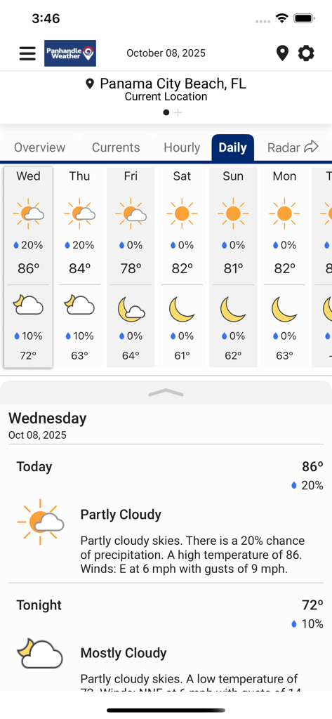 Panhandle Weather App - 플로리다 파나마 시티 비치의 일별 날씨 예보로 온도와 하늘 상태를 보여줍니다.