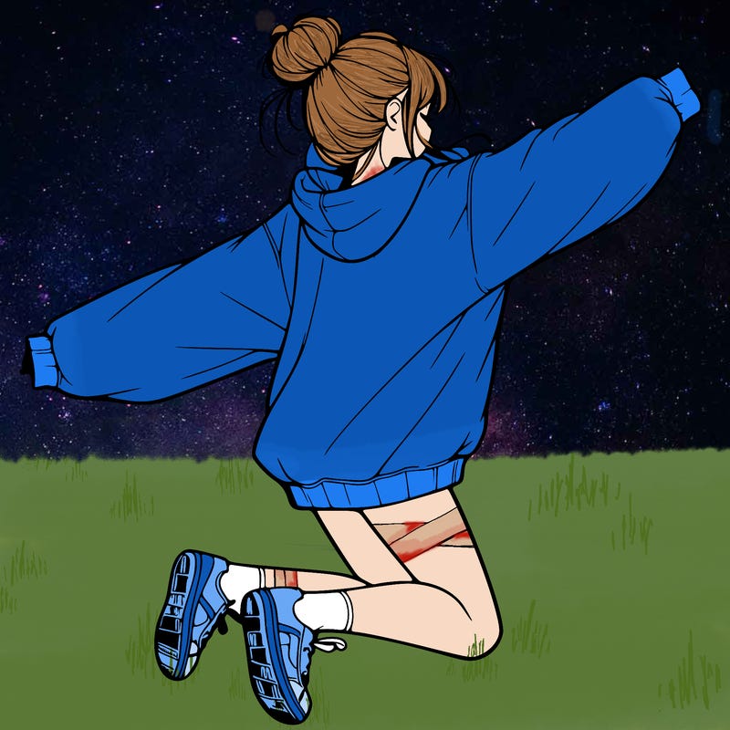 realistic girl jumping with a bun and oversized sweatshirt