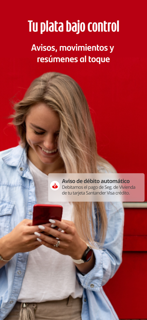 Santander Argentina - A woman using her smartphone to check a bank account notification from the Santander Argentina app