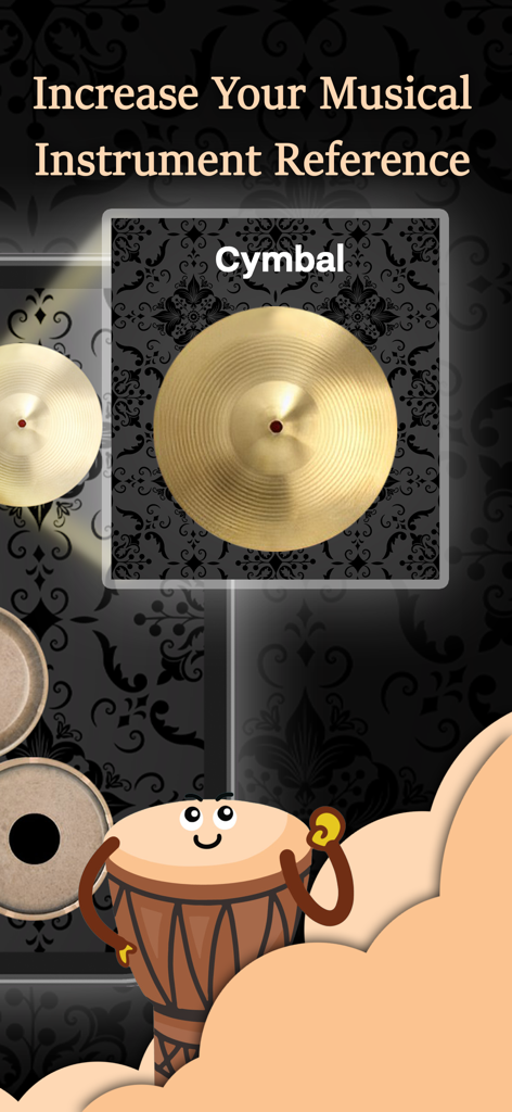 Real Kendang - A cymbal instrument reference and cartoon drum character in the Real Kendang app interface