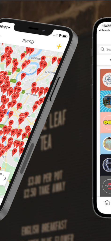 Mappa di caffetterie indipendenti e un elenco di caffè locali nell'app RWRD