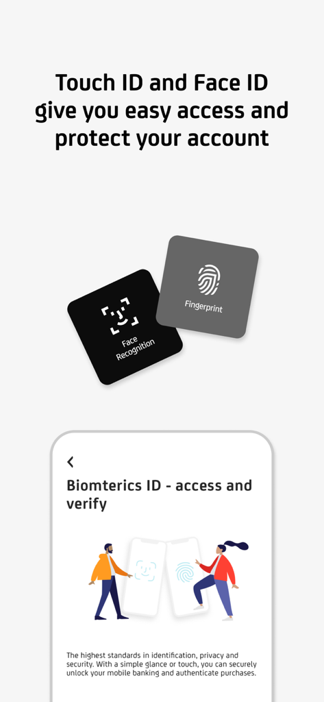 mBanking - mBanking app interface showcasing Face ID and Touch ID biometric security features for easy account access