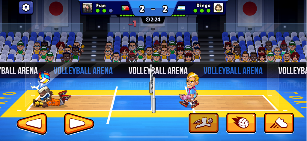 Volleyball Arena: Spike Hard - A 1v1 volleyball match in Volleyball Arena featuring cartoon characters and on screen controls
