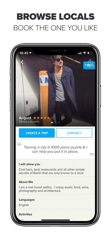 Smartphone screen showing a local guide profile with rating and personal biography on the Showaround app