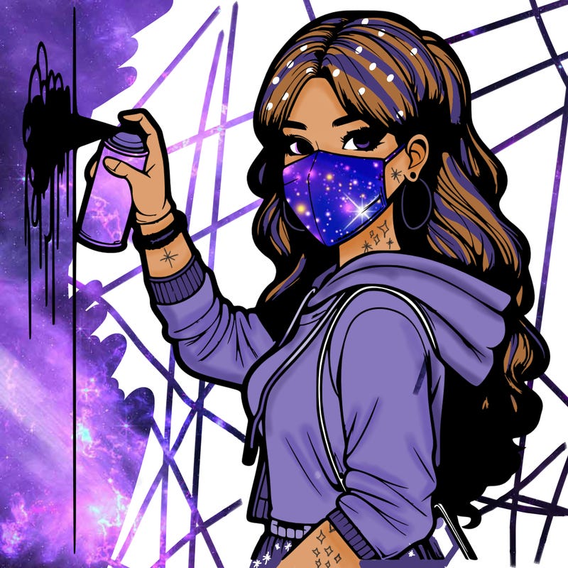 realistic girl with mask spray painting a wall