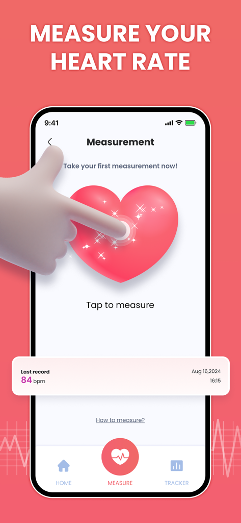 A smartphone screen showing the heart rate measurement feature with a finger tapping a red heart icon.