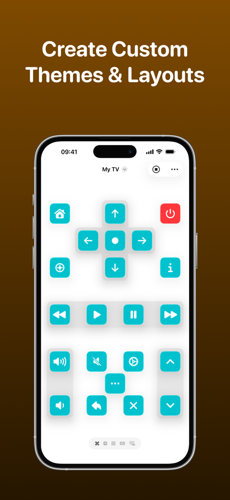 TV Remote - Universal Remote - Tela de smartphone exibindo uma interface de controle remoto de TV personalizada com botões turquesa e um layout personalizado.