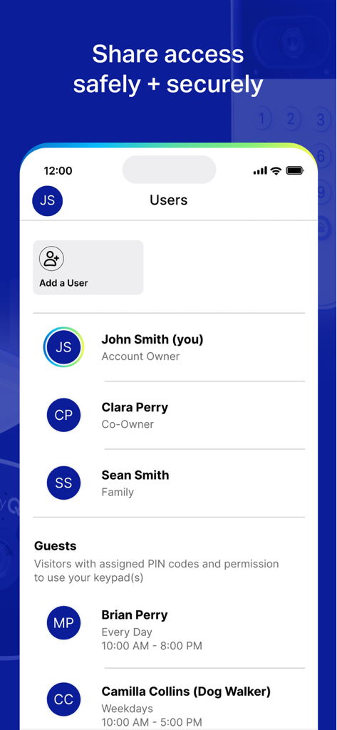 myQ Garage & Access Control - Die myQ App-Oberfläche zeigt, wie der Zugriff für Familienmitglieder und Gäste wie Hundesitter geteilt und verwaltet wird