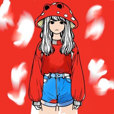 a realistic girl with a frog hat and baggy mushroom shirt