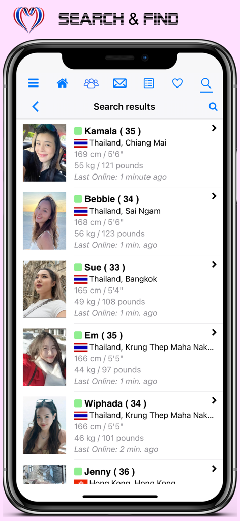 Thaikisses Thai Dating - Pantalla de resultados de búsqueda de la aplicación Thaikisses que muestra perfiles de mujeres tailandesas con detalles de edad y ubicación.