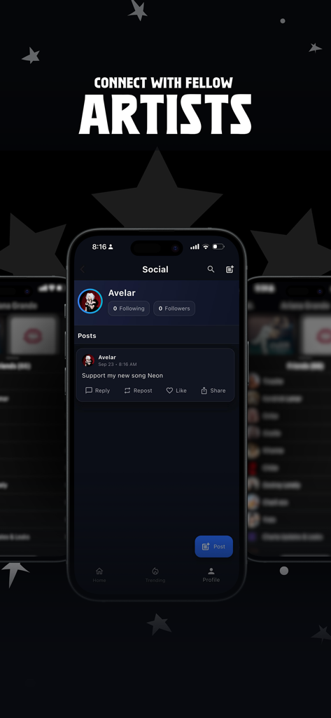 Captura de pantalla de la aplicación móvil que muestra el feed social donde los jugadores pueden conectarse con otros artistas y publicar actualizaciones en BeStar The Music Game