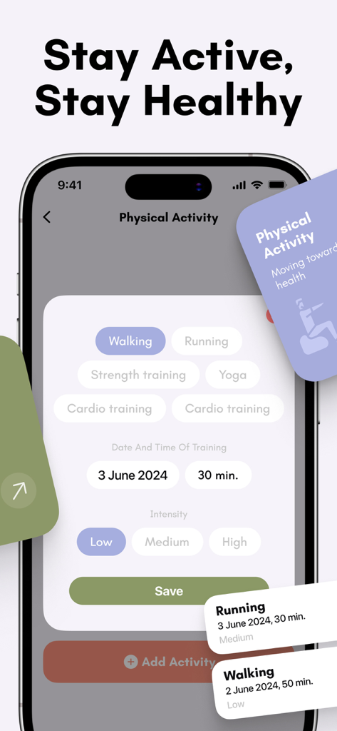 Pantalla de registro de actividad física en una aplicación de seguimiento de diabetes que muestra opciones para caminar, correr y yoga
