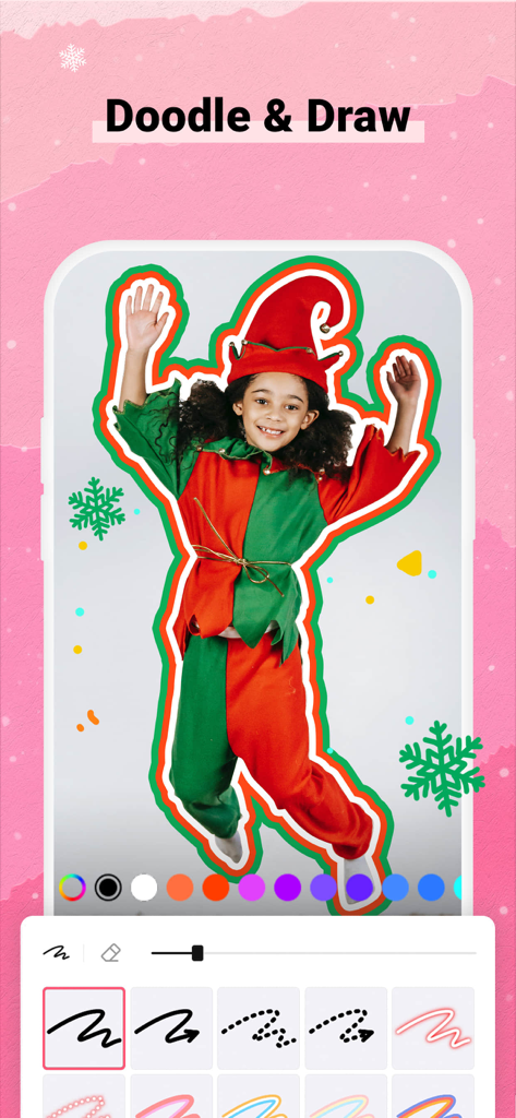Doodle and draw feature in Collart SE showing a child in an elf costume with a custom colored outline