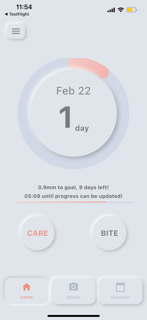 nailgrow - Nailgrow app home screen showing a one day streak and buttons to track care or biting habits