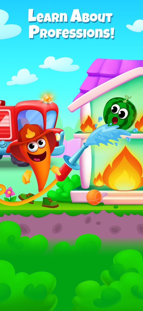 Kids Games! Learning 4 Toddler - A carrot firefighter character spraying water to save a watermelon in a learning app for kids