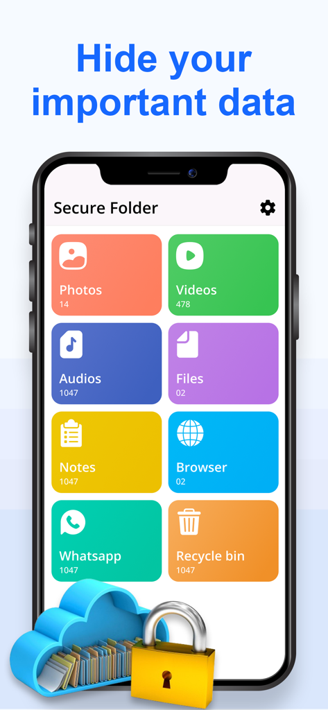 Secure Folder - Gallery Lock - El panel principal de la aplicación Secure Folder que muestra categorías para ocultar fotos, videos, audios y archivos con un icono de candado seguro