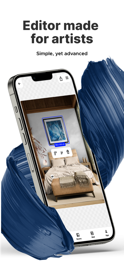 Un smartphone affichant l'interface de l'application Canvy utilisée pour visualiser une peinture encadrée dans une chambre moderne.