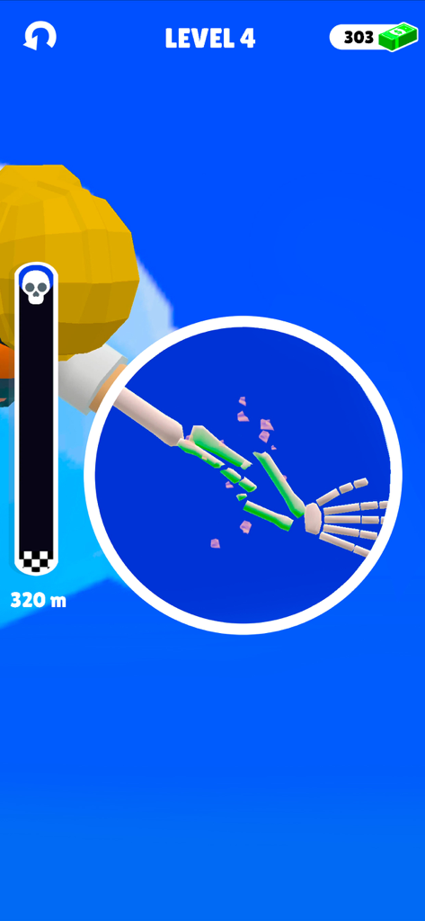 Ragdoll Fall: Break the Bones! - Gameplay screenshot of Ragdoll Fall showing a close up of broken skeleton bones during a fall